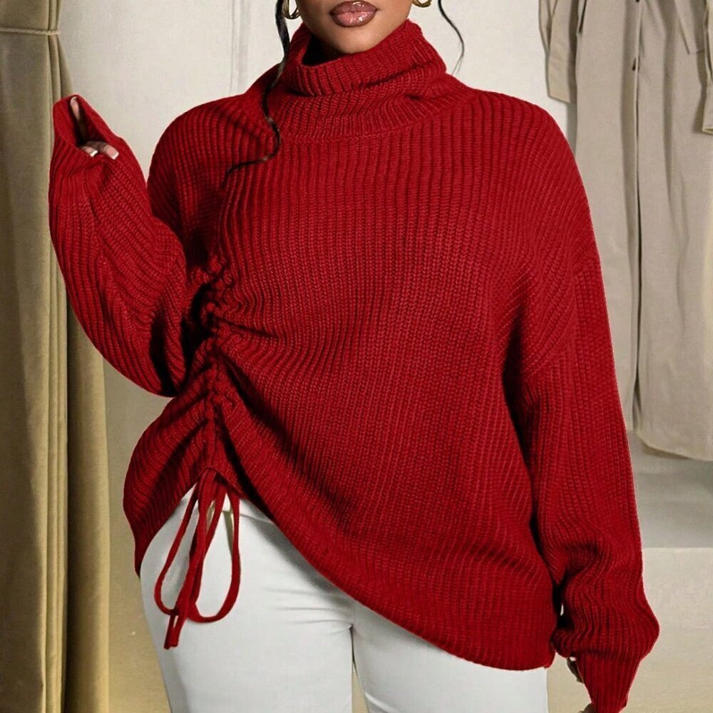 Red Casual Women's Plus Size High Neck Drawstring Design Pullover Sweater